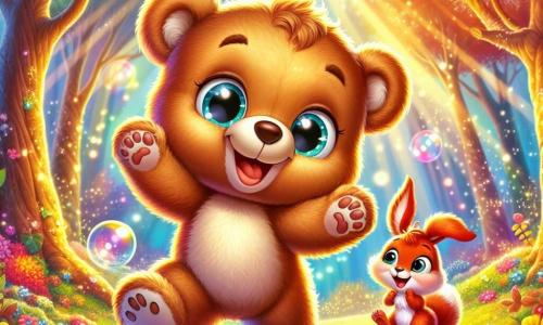 An illustration depicts a teddy bear, the main character, with soft brown fur, sparkling curious eyes, and a big joyful smile. It is dancing enthusiastically in a colorful forest, surrounded by vibrant flowers and multicolored tree trunks. Nearby, a small squirrel, a secondary character, has shiny red fur and bright eyes. She jumps for joy with her little paws raised and a beaming smile. A rabbit, another secondary character, sits on the grass with its ears perked up and an amused expression, laughing at the situation. The main setting is an enchanted forest bathed in golden light, with shimmering leaves and brightly colored flowers dancing in the wind. Soap bubbles float in the air, creating a magical and joyful atmosphere. The main situation shows the teddy bear accidentally triggering a laughing machine, causing a shower of confetti and colorful bubbles to burst around it, filling the air with laughter and joy. Other graphic elements include giant lollipops scattered on the ground, shining stars in the sky, and bursts of laughter that seem to float in the air, adding a touch of magic and happiness to the scene.