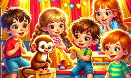 In een kleurrijke hoek van de circus zijn vier kinderen druk in de weer: Tom, een 8-jarig jongetje met rommelig bruin haar, draagt een rood t-shirt en een blauwe short en houdt een banaan vast, zijn ogen glinsteren van opwinding. Lisa, een 7-jarig meisje met lange gevlochten blonde haren, is gekleed in een gele stippenjurk en lacht vrolijk, klaar om haar vrienden te helpen. Bas, een 9-jarige jongen met een bril en kastanjebruin haar, draagt een groene trui en een spijkerbroek en kijkt aandachtig naar Bongo, de schattige kleine aap die op een houten kist zit. Fleur, een 8-jarig meisje met rood haar en sproeten, is gekleed in een roze t-shirt en paarse broek en verstopt zich achter een hooihoop, klaar om Bongo te verrassen. De omgeving is een levendig circus met rood-gele gestreepte tenten, fonkelende lichten en posters van shows overal. De kinderen bieden een tros bananen aan Bongo, die nieuwsgierig dichterbij komt, zijn ogen vol ondeugd. De kinderen zijn ongeduldig en lachen terwijl Bongo, geïntrigeerd, naar het voedsel toe komt.
