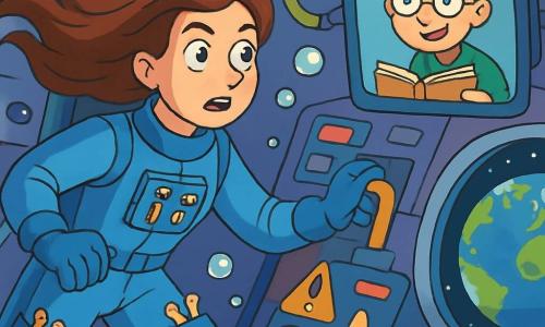 Een vrouwelijke astronaut, genaamd Eva, zweeft in een ruimteschip, haar bruine haar drijft om haar heen als zeewier in het water. Ze draagt een blauwe ruimtepak, met zakken vol glanzende kleine gereedschappen, en haar gezicht toont intense concentratie gemengd met een vleugje opwinding. Naast haar verschijnt een tienjarige jongen, Sam, op een controlepaneel, met rommelig blond haar en ronde bril. Hij glimlacht, zijn ogen sprankelend van enthousiasme, terwijl hij een klein notitieboekje vasthoudt om aantekeningen te maken van wat hij observeert. Het ruimteschip is gevuld met heldere controlepanelen, kleurrijke kabels en ramen die een spectaculair uitzicht op de aarde bieden, die straalt als een blauwe en groene bal in de zwarte uitgestrektheid van de ruimte. De hoofdscène toont Eva die een knipperend dashboard onderzoekt, met alarmen die afgaan, terwijl ze met Sam overlegt om een dringend probleem met het zuurstofsysteem op te lossen. Luchtbellen drijven om hen heen, wat een speelse toets aan deze ruimte-avontuurlijke scène toevoegt.