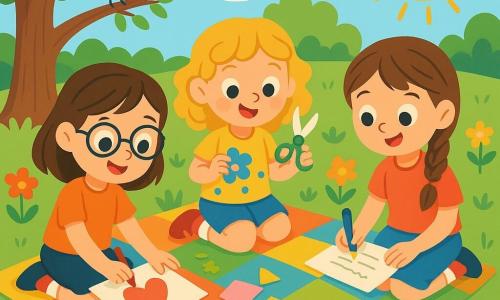 Drei Mädchen, Mia, Leni und Sara, acht Jahre alt, sitzen auf einer großen bunten Decke in einem sonnigen Park. Mia mit braunen Haaren und einer Brille zeichnet ein rotes Herz auf eine Karte. Leni mit lockigem blondem Haar schneidet mit bunten Scheren Papierformen aus, während Sara mit braunen Haaren und einem Zopf süße Nachrichten auf eine Karte schreibt. Sie sind von bunten Blumen umgeben, die gerade zu blühen beginnen, und Vögel singen in den Bäumen. Der Park ist grün, mit einem großen majestätischen Baum im Hintergrund, dessen Äste sich wie einladende Arme ausbreiten. Der Himmel ist strahlend blau, mit einigen flauschigen weißen Wolken, und die Sonne scheint fröhlich, was eine warme und festliche Atmosphäre schafft. Die drei Freundinnen entdecken einen kleinen, glitzernden Schlüssel im Gras, was sie mit Aufregung und Neugier erfüllt. Sie schauen sich mit funkelnden Augen an, bereit, sich auf das Abenteuer zu begeben, um das Geheimnis zu entdecken, das er enthüllen könnte.