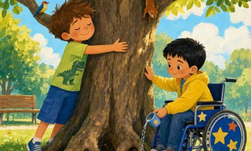 Hay dos niños: Mateo, unos 7 años, pelo castaño despeinado, camiseta verde claro con dinosaurio y pantalones cortos azules, a la izquierda del tronco grande abrazándolo con los ojos cerrados y sonriendo; Simón, unos 7 años, pelo negro corto, chaqueta amarilla, sentado en una silla de ruedas azul con pegatinas de estrellas a la derecha del tronco y un poco adelantado, toca la corteza con una mano y con la otra vierte un pequeño vaso de agua en la base del árbol. Escenario: parque de día, hierba verde con flores silvestres rojas y blancas, gran árbol de tronco ancho y agrietado con raíces visibles que forman pequeñas cavidades, banco de madera al fondo, cielo azul pálido con nubes blancas, luz dorada del sol filtrándose entre las hojas; estilo gouache con texturas de pincel visibles y colores ligeramente granulados. Situación: gesto de gratitud hacia el árbol —uno lo abraza, el otro riega la base—, una ardilla curiosa baja de una rama y un pájaro colorido se posa en una rama baja; composición cálida, expresiones suaves y ambiente tranquilo y amable.