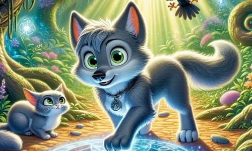 Felix, ein junger Wolf mit funkelnden Augen und grauem, verschwommenem Fell, steht im Mittelpunkt des Bildes und zeigt einen Ausdruck von Entschlossenheit und Aufregung. Er legt eine Pfote auf ein leuchtendes magisches Symbol am Boden, umgeben von einer strahlenden Aura. Rechts von ihm beobachtet Luna, eine elegante Katze mit schwarzem Fell und leuchtend grünen Augen, neugierig mit einem Ausdruck ruhiger Weisheit. Links fliegt Max, ein kleiner Krähe mit glänzend schwarzen Federn, kreisend über ihnen, sein schelmischer Blick verrät seine Begeisterung für das Abenteuer. Der Ort ist ein alter geheimer Garten, überwuchert von üppigen Pflanzen und bunten Blumen, mit knorrigen Bäumen, die eine geheimnisvolle Atmosphäre schaffen. Sonnenstrahlen filtern durch das Laub und beleuchten das magische Symbol, das im Zentrum der Szene blau pulsiert. Die Hauptsituation zeigt Felix, Luna und Max vereint in ihrem Bestreben, die magische Barriere der Stadt wiederherzustellen, während ein kleiner schelmischer Kobold mit leuchtenden Augen und einem schelmischen Lächeln sie mit einer Mischung aus Freude und Schuldgefühlen beobachtet, bereit, ihnen zu helfen, seinen Fehler zu beheben.