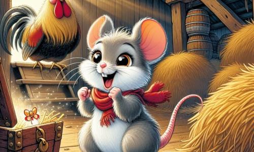 Una piccola topolina di nome Mimi, con un morbido pelo grigio e occhi scintillanti di curiosità, si trova al centro della scena, saltellando di gioia con un grande sorriso sul viso. Indossa un piccolo foulard rosso attorno al collo e i suoi baffi tremano di eccitazione mentre scopre un vecchio baule di legno pieno di tesori luccicanti. Accanto a lei, Giuseppe il gallo, un uccello dalle piume dorate e dalla cresta flamboyante, si erge fiero, osservando la topolina con uno sguardo ammirato, mentre batte le ali per esprimere il suo entusiasmo. Sullo sfondo, Rosetta la pecora, una dolce pecorella dal pelo lanoso e dai grandi occhi teneri, guarda con curiosità, le orecchie drizzate, mentre si avvicina per vedere cosa ha trovato Mimi. La scena si svolge in un vecchio fienile, pieno di balle di fieno dorate, travi di legno rustiche e raggi di luce che filtrano attraverso le fessure delle pareti, creando un'atmosfera calda e accogliente. Al centro, il baule di legno, leggermente aperto, lascia intravedere monete brillanti e oggetti misteriosi, mentre l'eccitazione della scoperta aleggia nell'aria.