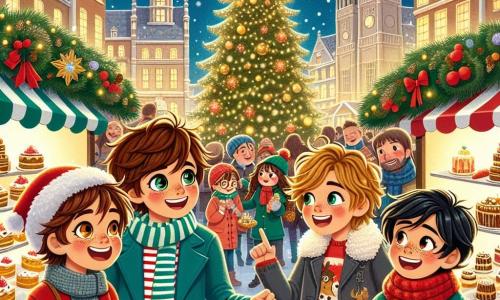 En un animado mercado navideño, cuatro amigos están juntos, rodeados de luces brillantes y decoraciones festivas. **Pablo**, un chico de 12 años con cabello castaño y ojos chispeantes, lleva un abrigo rojo y una bufanda a rayas. **Lucas**, también de 12 años, tiene el cabello rubio desordenado y una gran sonrisa traviesa, viste una chaqueta azul y un gorro navideño. **Sofía**, con largos cabellos rizados, lleva un suéter verde con un reno y sostiene un pequeño saco de caramelos, mirando asombrada el gran árbol de Navidad. **Javier**, con cabello negro y gafas, viste un abrigo gris y una bufanda roja, sosteniendo un juguete de madera. El mercado está decorado con guirnaldas luminosas y stands coloridos que venden dulces y bebidas calientes. En el centro, un enorme árbol de Navidad brilla, rodeado de familias y niños que ríen y cantan. Los amigos buscan un adorno especial para un concurso, riendo y disfrutando de la magia navideña que los rodea.