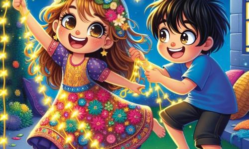 Una niña de 8 años, llamada Sofía, con largos cabellos castaños y ojos llenos de curiosidad, sonríe alegremente mientras sostiene una guirnalda de luces doradas. Lleva un vestido colorido con motivos florales, y su rostro irradia emoción y felicidad. A su lado, Samir, un niño de 8 años con cabello negro y ojos vivos, la ayuda a colgar estrellas de papel en una pared. Lleva una camiseta azul y un pantalón corto, y sonríe con entusiasmo, compartiendo este momento especial. Sus rostros están iluminados por las luces centelleantes que los rodean. La escena tiene lugar en el jardín de una casa decorada para el Ramadán, con linternas coloridas colgadas de los árboles y cojines suaves dispuestos sobre la hierba verde. El cielo es de un azul profundo, salpicado de nubes blancas esponjosas, y flores multicolores bordean el camino. Sofía y Samir trabajan juntos, riendo y animándose mutuamente, creando una atmósfera alegre y festiva mientras preparan la decoración para la celebración del Ramadán.