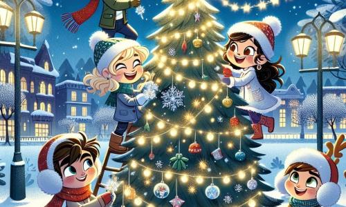 En un parque nevado, cuatro amigos se reúnen alegremente alrededor de un gran árbol de Navidad. Marco, un niño de 10 años con cabello castaño y una bufanda roja, sonríe sosteniendo una guirnalda brillante. A su lado, Lucía, una niña de 9 años con cabello rubio y un abrigo azul brillante, ríe mientras cuelga un adorno hecho a mano. Diego, un niño de 7 años con orejeras gigantes, observa maravillado las luces que brillan a su alrededor. Finalmente, Ana, una niña de 8 años con un sombrero de reno, está sentada en una rama baja del árbol, colocando una estrella dorada en la cima. El parque es mágico, cubierto de un espeso manto de nieve brillante bajo un cielo estrellado, donde los copos de nieve caen suavemente. El árbol de Navidad, majestuoso, está decorado con guirnaldas luminosas y adornos coloridos, iluminando el paisaje con un suave resplandor dorado. Los niños decoran el árbol juntos, riendo y compartiendo momentos de alegría, mientras un pequeño duende, Tintín, los observa con una sonrisa cómplice, listo para revelarles la magia de la Navidad.