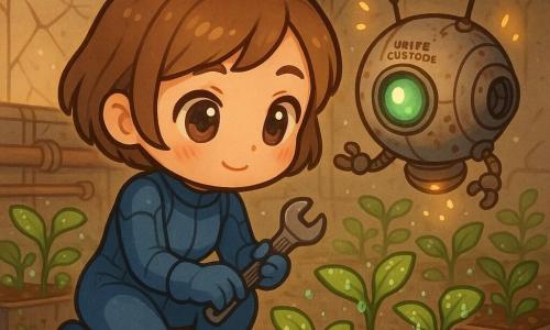 Una donna pilota dal viso dolce e determinato, capelli corti castano chiaro, in tuta spaziale blu aderente, inginocchiata a riparare una piccola pompa con una chiave, espressione concentrata ma rassicurante e postura calma; accanto a lei un robot "Unità Custode" rotondo e flottante con scocca metallica consumata, una lente luminosa verde e braccia articolate che osserva emettendo piccole scintille amichevoli; diversi germogli di fagioli in vasi rettangolari, foglie fragili e umide; serra interna di AURORA‑9, grande volume ingombro, pannelli trasparenti crepati con polvere grigia, tubi esposti e luce d'emergenza ambra con riflessi verdi sulle foglie; la pilota ripara la pompa e annaffia a mano le piantine per salvarle, atmosfera fragile ma piena di speranza, con gocce d'acqua, attrezzi posati, polvere sospesa e etichette consumate "Fagioli".