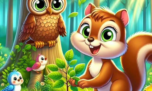 Um pequeno esquilo chamado Léo, com pelagem castanho claro e olhos brilhantes de curiosidade, está plantando uma muda de árvore em uma floresta verdejante. Ele sorri com entusiasmo e determinação. Ao seu lado, uma sábia coruja de penas marrons e óculos redondos, empoleirada em um galho, observa Léo com orgulho, seus olhos brilhando de encorajamento. Um grupo de pequenos pássaros coloridos, com penas amarelas e azuis, voa ao seu redor, cantando alegremente e trazendo sementes. A cena ocorre em uma floresta luxuriante, com grandes árvores de folhas verdes vibrantes, raios de sol filtrando através da folhagem, e um riacho cintilante ao fundo. A atmosfera é alegre e cheia de vida, simbolizando esperança e harmonia com a natureza. Léo e seus amigos mostram como se unem para plantar árvores e proteger seu habitat, ilustrando a importância de cuidar do planeta.
