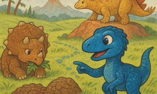 A young velociraptor named Lira, curious-faced with bright eyes and deep blue scales glittering in the sun and a light neck plume, spreads its legs and confidently points with its snout at a small gray spiral stone; to Lira's left a round, gentle juvenile triceratops named Tiko chews ferns with furrowed ears and short dirt-covered horns, a massive ankylosaurus stands just behind the stone with a brown, bark-like carapace and heavy tail on the ground watching benevolently, and a large stegosaurus guardian near a red rock in the background with red-and-gold plates silently observing from the plateau edge; the setting is a windy grassy plateau with ribbon-like grass, a line of small blue flowers like a path, smoking volcanoes on the horizon and tall pines leaning in the wind, showing Lira discovering the marker stone and guiding friends toward the found trail in a joyful, bright scene with clear composition, saturated colors and a newsprint texture.