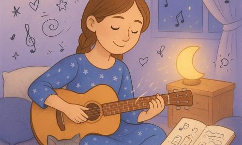 A woman with a gentle, focused face and serene smile plays a small guitar seated on a rug, wearing a blue cotton dress with star patterns and her light chestnut hair in a loose braid; a fluffy gray cat named Pebble curls beside her, half-closed eyes watching as she sings softly; an open notebook on the desk shows a hand-drawn map with three tiny stylized doors (feather, bell, wave) and scribbled music notes, while a moon-shaped lamp casts warm light; the cozy night bedroom has lavender walls, a light curtain, scattered cushions, a wooden cajon nearby and string lights with floating doodles, and the scene captures the moment the music seems to make the map vibrate, small glowing lines linking the guitar to the notebook.