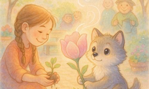 Il protagonista è un piccolo lupo infantile dal pelage morbido, viso rotondo e occhi grandi e brillanti, seduto accanto a un bocciolo divenuto grande fiore rosa e bianco che tiene delicatamente con le zampe; una bambina umana con trecce e sorriso caldo è inginocchiata a sinistra, piantando un piccolo seme con mani leggermente sporche di terra; il fiore vellutato, al centro su una zolla d'erba, emana un debole profumo; sullo sfondo villaggi e abitanti sfocati ma gioiosi osservano dalla piazza fiorita; la scena è una piazza primaverile luminosa con pavé chiaro, panchina, gerani rossi, tappeti di violette, alberi verde tenue e cielo azzurro pallido con luce dorata del mattino, che celebra la prima fioritura tra pazienza e cura condivisa.