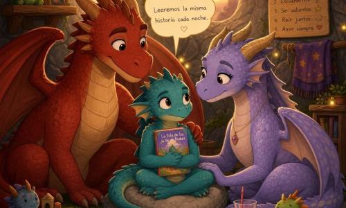 La protagonista es una pequeña dragona llamada Luz, tímida pero decidida, escamas azul verdosas brillantes y ojos grandes y húmedos, sentada con las piernas cruzadas en un cojín de piedras suaves sujetando un libro colorido contra el pecho; el padre, un gran dragón de escamas rojo cálido, mirada tierna y postura protectora agachado a la izquierda con un ala detrás de ella; la madre, dragona de escamas violeta pálido, expresión atenta, sentada a la derecha con una taza de jugo de frambuesa y la mano en la rodilla de Luz; al fondo la entrada clara de una cueva de piedra con luciérnagas doradas en las paredes, musgo en el suelo y ventanas ovales que dejan entrar una luz crepuscular naranja-rosada; la familia acuerda una regla: Luz propone leer cada noche el mismo cuento, escena íntima y cálida con gestos tiernos y el trío formando un triángulo afectuoso.