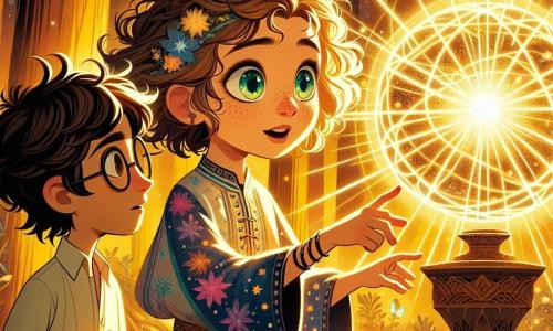 Una niña de 9 años, Luna, se encuentra al borde de una fuente luminosa brillante, con sus grandes ojos esmeralda llenos de asombro. Tiene el cabello rizado y desordenado, y lleva una túnica colorida con patrones estrellados. Sus manos están extendidas hacia la esfera luminosa, y su rostro expresa una profunda curiosidad y emoción. A su lado, un niño llamado Kai, de 10 años, observa atentamente. Tiene el cabello castaño desordenado y usa gafas redondas que le dan un aire inteligente. Sostiene un pequeño cuaderno de bocetos en una mano, anotando ideas, mientras que con la otra señala la fuente, como si quisiera entender su funcionamiento. El lugar es una clara mágica, bañada en luz dorada, rodeada de árboles con troncos brillantes y flores luminosas que bailan al viento. La fuente es una esfera de energía pulsante, emitiendo destellos de colores vivos que iluminan el paisaje. La escena principal muestra a Luna y Kai, maravillados, interactuando con la Fuente de Luz Eterna, buscando comprender su poder místico mientras sienten la magia que los rodea.