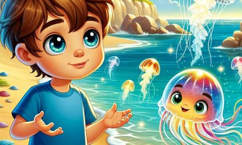 A 6-year-old boy named Max, with messy brown hair and sparkling eyes full of curiosity, stands at the edge of a golden beach. He wears a blue t-shirt and striped shorts, with a big, amazed smile on his face. Max is watching glowing jellyfish floating in the water, his arms raised in joy. Next to him, a colorful fish named Fins, with shimmering scales of all colors, swims happily in the clear water. Fins has a friendly and curious expression, circling around Max as if inviting him to follow. The scene takes place on a sunny beach with gentle waves lapping at the fine sand. In the background, there are rocks covered in shells and a bright blue sea dotted with the small shining lights of jellyfish. The main focus shows Max, in awe, discovering the glowing jellyfish while Fins encourages him to explore this magical underwater world.