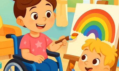 A cheerful 6-year-old girl, Mia, is sitting in her bright blue wheelchair. She has brown hair in a bun and wears a pink t-shirt with stars. Her eyes sparkle with excitement as she paints a large rainbow on a canvas with vibrant colors. Next to her, her 3-year-old brother Ben, with messy blond hair and a yellow t-shirt, watches in wonder. He holds a small paintbrush and is ready to help. The scene takes place in a bright living room with pastel-colored walls, toys scattered on the floor, and a large window letting in sunlight. On the table, colorful paint pots and brushes are arranged. Mia and Ben are joyfully creating a cheerful piece of art, filled with laughter and creativity, showcasing their bond and shared happiness.