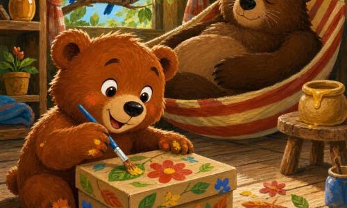 Lilo, um pequeno ursinho cor de canela de rosto redondo e olhos brilhantes, expressão alegre e concentrada, pinta uma caixa de sapatos decorada com folhas e flores com pincel, manchas de tinta amarelo e laranja nas patas; Papai Urso Beto, um grande urso marrom de barriga fofa e bigodes suaves, dorme numa rede listrada ao fundo com um sorriso sonolento e uma caneca de mel numa mesinha ao lado; dois passarinhos azul e amarelo pousados numa rama junto à janela parecem cantar e observam Lilo; a cena ocorre numa casinha de madeira num bosque ensolarado, pisos de tábuas, cortinas xadrez vermelhas, pote de mel numa prateleira e folhas e flores pelo chão; situação principal: momento terno e luminoso em que Lilo, concentrado e feliz, prepara uma surpresa simples e colorida para o Dia dos Pais, pinceladas visíveis e texturas espessas de tinta acrílica.