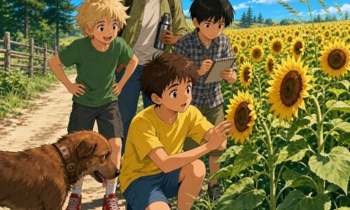 Há 5 personagens: Tomás, 11 anos, cabelo castanho curto, camiseta amarela e calções azuis, ao centro tocando suavemente um girassol com olhar maravilhado; Rui, 11 anos, cabelo preto liso, camisa aos quadrados e caderno na mão esquerda, à direita de Tomás, um pouco recuado, anotando com expressão concentrada; Léo, 11 anos, cabelo loiro desalinhado, camiseta verde e ténis vermelhos, à esquerda de Tomás, mãos na cintura, sorriso surpreso e postura entusiasmada; Tio Paulo, homem cerca de 35 anos, barba rala, boné e jaqueta kaki, segura uma garrafa de água e está ligeiramente atrás das crianças com atitude protetora; um cão perdido de porte médio, pelo castanho-avermelhado e coleira gasta, língua de fora e postura hesitante, junto ao caminho de terra voltado para as crianças. Local: grande campo de girassóis no verão, fileiras altas de flores amarelas com centros castanhos, caminho de terra na borda, céu azul claro, brisa leve que dobra as hastes, sombras longas, alguns pinheiros e uma velha cerca de madeira ao longe. Situação: os três rapazes descobrem o vasto campo e avistam o cão perdido à beira do caminho; estão calmos e atentos, o adulto mantém postura tranquilizadora atrás; ambiente suave e luminoso, cores quentes e contrastes claros, expressões de admiração e cuidado.