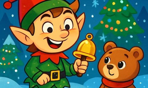 Um pequeno duende travesso, com um chapéu pontudo vermelho e roupas verdes decoradas com brilhos, sorri maliciosamente segurando um sininho dourado nas mãos. Seus olhos brilham de travessura e sua boca está esticada em um largo sorriso alegre. Ao seu lado, um urso de pelúcia, macio e redondo, com pelagem marrom e um cachecol vermelho, observa o duende com admiração, os olhos bem abertos, cheios de empolgação. A cena acontece em uma floresta encantada, onde flocos de neve caem suavemente sobre pinheiros decorados com guirlandas cintilantes. O chão está coberto por uma espessa camada de neve brilhante, e estrelas brilham no céu azul da noite. O duende travesso e o urso estão no centro da clareira, cercados por luzes coloridas, enquanto o duende se prepara para fazer soar o sininho dourado, pronto para anunciar a magia do Natal.