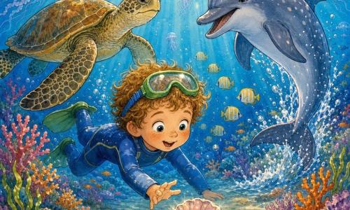 A smiling, amazed 4-year-old boy with light brown curly hair in a small blue wetsuit and green goggles floats and reaches for a shiny shell on the sand; a friendly dolphin named Dazzle, smooth grey-blue with light spots, half-leaps to his right, playful with sparkling splashes; a large gentle sea turtle with a brown-green spotted shell swims slowly behind him to the left in a protective way; the background is a colorful reef of pink, orange and purple corals, schools of yellow-and-white striped fish, glowing translucent jellyfish and sunbeams filtering through the water, capturing a calm, magical moment as the boy learns to swim surrounded by curious, kind sea friends with bubbles, waving seaweed and the glittering shell in the foreground.