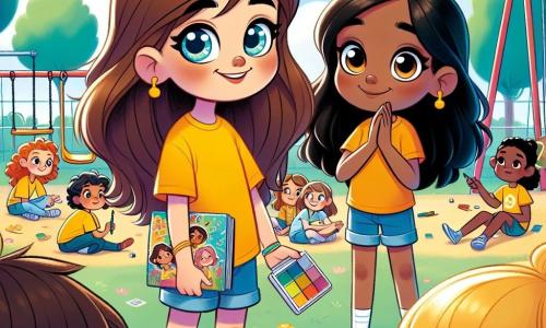 Una niña de 8 años llamada Sofía, con largos cabellos castaños y ojos brillantes, está en el centro de la imagen, mostrando curiosidad y determinación. Lleva una camiseta amarilla y un short de mezclilla, sosteniendo un cuaderno de dibujos. A su lado, otra niña, Leila, también de 8 años, con cabello negro y piel caramelo, sonríe tímidamente mientras sostiene una pequeña caja de colores. Están en un patio escolar soleado, lleno de juegos coloridos y flores. Sofía y Leila conversan alegremente sobre un gran mural de paz, rodeadas de otros niños que las escuchan atentamente, creando un ambiente de camaradería y creatividad.