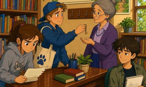 A focused, kind 12-year-old girl, Mina, with slightly furrowed brows and bright eyes wears a gray hoodie with a small cat print and jeans; she holds a torn corner of paper and leans toward the wooden counter. A relieved, embarrassed ~15-year-old boy, Theo, cheeks flushed, wears a blue cap and a tote bag with a paw logo and offers a small brass key with both hands to the librarian. Around 50, Mrs. Darzi, with glasses and a gray bun, stands behind the counter near a once-empty hook now holding the key, ready to hang it. A ~13-year-old boy, Jun, sits by a window with hair over his forehead, sketchbook in hand, smiling quietly and watching, a green-bordered flyer beside him. The warm small library has a polished wooden counter, labeled hooks behind it, colorful bookshelves, a "LISTENING WEEK!" sign and leafy art-fair posters; the main scene shows Mina calmly mediating: Theo returns the key as Mrs. Darzi retrieves it, Jun observes, and a torn paper corner with green lines is on the desk, soft light, warm colors, reassuring atmosphere.