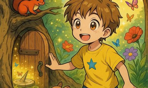An 8-year-old boy with big bright eyes and a delighted smile, tousled light-brown hair, wearing a yellow T-shirt with a small blue star and denim shorts, reaches toward a small wooden door hidden in the roots of an old oak; a lively red squirrel named Nutty with mischievous eyes sits on a nearby branch, flicking its tail as if inviting him; beyond the door lies a sunlit garden meadow with oversized saturated flowers (red, yellow, purple), a large stone sundial at the center, multicolored butterflies, golden light and floating stardust; mid-shot composition, gentle magical mood, warm contrasting colors, clear lines and child-friendly expressions.
