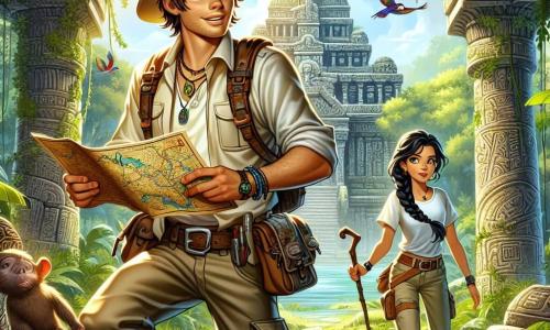 A man in his thirties, Thomas, stands at the center of the image with messy brown hair and sparkling green eyes filled with excitement. He wears an explorer's hat and a pocket-filled vest, holding an ancient map while gazing at the mysterious ruins before him, a look of wonder on his face. Beside him, Lila, a young woman around 25 with long braided black hair and tanned skin, attentively observes the surroundings. Dressed in lightweight pants and a t-shirt, she holds a walking stick, ready to guide Thomas through the jungle. The backdrop features ancient ruins covered in vines and moss, with majestic columns rising towards the sky and sunlight filtering through the dense jungle foliage. Colorful birds fly above, adding a touch of magic to the atmosphere. The main scene shows Thomas and Lila discovering the ruins of Xal'Vera, with Thomas examining the map and Lila scanning the area as they prepare to enter this mysterious world filled with treasures and secrets.