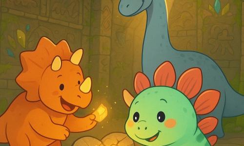 A young, round stegosaurus with mint-green skin and pink-striped plates, looking amazed and focused, delicately holds a shiny stone fragment before a large carved slab; joyful triceratops Ruby, brown-orange with short horns, smiles and offers another glowing piece from slightly left; wise old brachiosaurus Sage, bluish-gray with a long neck, stands behind the slab watching proudly with a gentle smile; inside a moss-covered stone temple with carved prehistoric motifs, embedded glowing crystals, and golden beams from an opening in the ceiling, the two dinosaurs together insert the final fragments into a cracked stone heart that begins to emit a warm, golden glow, evoking cooperation, tenderness, and reassuring magic.