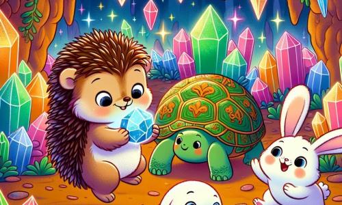 A little hedgehog named Harry, with brown fur and soft spines, expresses great joy and wonder as he holds a shiny, sparkling pebble in his tiny paws. Next to him, an adorable bunny named Lulu, with white fur and large floppy ears, jumps with happiness, her eyes sparkling with curiosity. A wise old turtle named Benny, with a green shell adorned with patterns, watches them with a kind smile, slowly standing nearby. The scene takes place in a beautiful magical cave, where the walls are decorated with colorful crystals that shine under the light of the pebble, creating a fairy-tale atmosphere. In the back of the cave, a small bird with colorful feathers and a wounded wing looks at the friends with hope. Harry, Lulu, and Benny stand together, ready to use the sparkling pebble to help the bird, filled with determination and friendship.