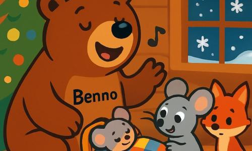 Ein großer, sanfter und freundlicher Braunbär namens Benno singt mit einem warmen Lächeln auf seinem Gesicht, während er neben einem kleinen Holzbett sitzt. Seine Augen strahlen Zärtlichkeit aus, während er ein schlafendes Baby-Mäuschen betrachtet, das in eine weiche, bunte Decke gehüllt ist. In der Nähe lächelt eine kleine Maus, die Mama-Maus, mit grauem Fell und funkelnden Augen dankbar und streichelt sanft ihr Baby. Ein kleiner roter Fuchs mit strahlendem Fell und spitzen Ohren steht schüchtern im Hintergrund, seine Miene zeigt Nervosität und Hoffnung, während er der sanften Melodie von Benno lauscht. Die Szene spielt in einer gemütlichen Holzhütte, geschmückt mit funkelnden Lichtern, in einer Ecke steht ein großer, beleuchteter Weihnachtsbaum, und draußen fallen sanft Schneeflocken durch das Fenster. Benno singt ein Weihnachtslied und schafft eine magische und friedliche Atmosphäre, in der Liebe und Versöhnung in der Luft liegen und alle Charaktere in eine sanfte festliche Wärme hüllen.