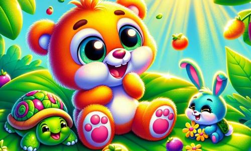 A small plush character named Wobble, an adorable creature with big round eyes and fluffy fur, is sitting on a large green leaf, with a bright smile and rosy cheeks of joy. He is laughing with his arms raised, surrounded by delicious colorful berries. Next to him, Tilly, a small turtle with a shiny shell and sparkling eyes, looks on in wonder, her little legs waving with excitement as she leans forward, ready to grab a berry. Buzzy, a rabbit with big ears and soft fur like cotton, is joyfully hopping nearby, his eyes gleaming with mischief while holding a yellow flower in his front paws. The scene takes place in a sunny forest, with trees having vibrant green leaves and colorful flowers dancing in the light breeze. Sun rays filter through the branches, illuminating the leaf-covered ground. The three friends are preparing a feast of fun snacks, but their tower of leaf and berry snacks has just collapsed in a burst of laughter, creating a joyful and playful atmosphere.