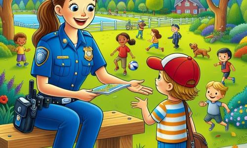 In het midden van de afbeelding staat Agent Lotte, een glimlachende vrouwelijke politieagent met bruin haar in een paardenstaart. Ze draagt een helderblauw uniform met een mooie badge die in de zon glinstert. Haar gezicht straalt vreugde en vastberadenheid uit terwijl ze een jongetje helpt zijn weg te vinden. Naast haar kijkt een jongen van ongeveer 8 jaar, met een rode pet en een gestreept T-shirt, bewonderend naar Lotte. Hij houdt een papieren kaart in zijn handen, wat aangeeft dat hij een beetje verdwaald is maar opgelucht is dat hij hulp heeft gevonden. Op de achtergrond strekt zich een groene park uit, vol majestueuze bomen, kleurrijke bloemen en het gelach van kinderen die met een bal spelen. Houten banken zijn verspreid en een kleine hond speelt vrolijk in het gras. De hoofdscène toont Lotte terwijl ze de jongen uitlegt hoe hij de kaart kan gebruiken om zijn huis te vinden, terwijl ze hem advies geeft over veiligheid. De scène straalt een warme en vriendelijke sfeer uit, die het belang van samenwerking en veiligheid in de gemeenschap illustreert.