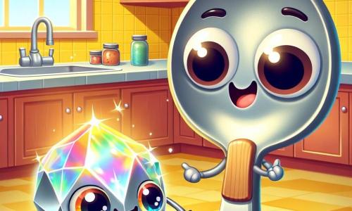 Benny, a small metal spoon with big round eyes and a bright smile, is at the center of the image, holding a sparkling rock that shines in all the colors of the rainbow. He looks joyful and curious, his little metal legs slightly raised as if ready to dance. Next to him, Sally, a wooden spatula with a smiling face and sparkling eyes, gazes at the rock in wonder. She is excited, her rounded edges curving into a big smile, and she points at the rock with her spatula. In the background, the kitchen is filled with bright colors: yellow tiled walls, a large stainless steel sink, and shelves loaded with colorful spice jars. Sunlight filters through a window, creating golden reflections on the surfaces. The main scene shows Benny and Sally discovering the magical rock, surrounded by sparkling treasures in a small secret door behind the spice rack, with a palpable atmosphere of adventure and magic in the air.