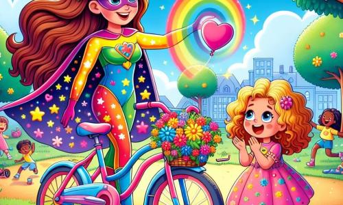Marina, una mujer de cabello largo y ondulado color castaño, lleva un traje de superheroína colorido con motivos de flores. Son rostro refleja alegría y entusiasmo mientras toca una vieja bicicleta que se transforma en una brillante bicicleta arcoíris. A su lado, una niña de unos 8 años, con cabello rubio y rizado, observa asombrada. Ella lleva un vestido rosa con estrellas y sostiene un globo en forma de corazón, fascinada por la magia que ocurre ante ella. Al fondo, un parque soleado está lleno de árboles de hojas verdes brillantes y flores multicolores. Niños juegan y ríen bajo un cielo azul claro con algunas nubes blancas. La escena principal muestra a Marina transformando la bicicleta en una hermosa bicicleta colorida, mientras la niña aplaude asombrada, rodeada de la atmósfera alegre del parque.