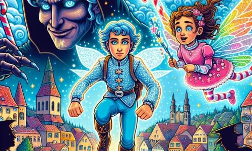 Im Zentrum des Bildes steht Blitzschlag, ein Mann mit leuchtend blauen Haaren wie ein Sommerhimmel, heldenhaft mit einem Gesicht voller Entschlossenheit und Mut. Er trägt ein funkelnedes Kostüm, das das Licht reflektiert, und seine Augen strahlen wie Sterne, was sein Engagement zeigt, die Stadt zu beschützen. Neben ihm schwebt Mia, ein Mädchen mit bunten, glitzernden Flügeln, leicht über dem Boden, ihr Gesicht zeigt sowohl Aufregung als auch Nervosität. Sie hat braune Haare und funkelnde Augen und ist bereit, ihre Flugkräfte zu nutzen, um Blitzschlag zu helfen. Im Hintergrund erstreckt sich die Stadt Glanzburg unter einem blauen Himmel, mit bunten Gebäuden, die im Sonnenlicht zu tanzen scheinen. Zuckerstangenförmige Wolken treiben sanft vorbei und verleihen der Umgebung einen Hauch von Magie. Die Szene zeigt den Moment, in dem Blitzschlag und Mia sich darauf vorbereiten, dem Bösewicht Dunkelheitsmeister entgegenzutreten, der sich im Schatten mit einer dunklen Aura abzeichnet. Die beiden Helden sind entschlossen und bereit, ihre Stadt zu verteidigen, was den Geist von Kameradschaft und Tapferkeit im Angesicht der Widrigkeiten veranschaulicht.