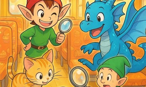 Triki, el pequeño duende de orejas grandes y gorro rojo puntiagudo, con mirada traviesa y sonrisa, sostiene una lupa diminuta y está sobre el respaldo de un asiento; Pipo, el dragón infantil de escamas azules brillantes y grandes alas, ocupa dos asientos, ríe y agita la cola, moviendo las cortinas; Lulu, la gatita de bigotes largos y pelaje crema y naranja, olfatea una miga bajo un asiento a la izquierda; Firu, el duende de gorro verde y nariz redonda, sorprendido y sentado frente a Triki, señala con una lupa grande; Roco, el caracol con concha arcoíris, rueda feliz por el suelo del autobús mostrando un sándwich medio oculto bajo su caparazón; el interior del autobús escolar amarillo es luminoso y colorido, con asientos suaves de motivos de pasteles, ventanas redondeadas y luz dorada, mientras los amigos investigan riendo el sándwich desaparecido en una escena animada y cómica de colores vivos y expresiones claras.