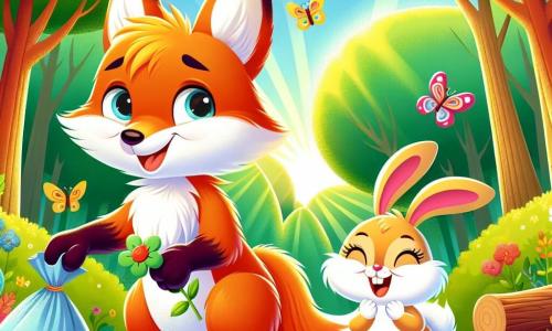 A little fox named Felix, with bright red fur and big sparkling eyes, is picking up trash in a sunny forest, wearing a determined smile on his face. Next to him, an adorable bunny named Bella, with white fur and long ears, is joyfully hopping while holding a colorful flower, expressing joy and enthusiasm. In the background, majestic trees with shiny green leaves and multicolored flowers dot the ground, creating a vibrant spring atmosphere. The scene shows Felix and Bella cleaning their forest, surrounded by the beauty of nature, with butterflies dancing around them.