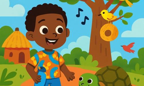 A young man named Kofi, smiling and curious, stands on a red path, his eyes shining with joy. He wears a colorful fabric t-shirt and light pants, holding a water bottle in one hand. Beside him, a wise turtle with a green and brown shell slowly makes its way along the path, its eyes sparkling with mischief. The backdrop is a vibrant African village, featuring a majestic baobab tree, clay houses with thatched roofs, and colorful birds flying in the blue sky. Kofi listens attentively to the song of a weaver bird building its nest, while a gentle breeze makes the leaves dance around them. The scene exudes a peaceful and joyful atmosphere, filled with bright colors and enchanting details.