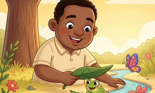Un hombre adulto llamado Kofi, rostro redondo, piel morena cálida, pelo corto negro, sonrisa dulce y ojos brillantes, alegre y amable, sostiene una gran hoja flotando en el agua para ayudar; una pequeña rana verde, cuerpo liso y ojos redondos, mira la hoja y salta sobre ella, feliz en la orilla del arroyo frente a Kofi; una pequeña mariposa multicolor posada en una flor rosa junto al arroyo observa la escena; escenario: un gran baobab rugoso a la izquierda, hierba baja amarillo-verdosa, arena clara, un arroyo estrecho de agua azul reluciente y flores coloridas; Kofi ayuda a la rana a cruzar colocando la hoja flotante, gesto tierno y tranquilo, luz dorada del sol de la mañana, ambiente cálido y apacible; estilo: colores vivos, líneas suaves y contornos gruesos, composición simple y clara para niños pequeños, perspectiva cercana centrada en Kofi y la rana.
