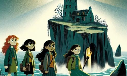 Cuatro chicas valientes están en la cima de un acantilado, frente a un antiguo faro misterioso. Clara, de 10 años, con cabello rizado y ojos verdes, mira con determinación hacia el faro. A su derecha, Marta, de 11 años, con cabello castaño y una sonrisa traviesa, sostiene una linterna, lista para explorar. A la izquierda, Ana, de 10 años, con cabello liso y negro, muestra una expresión preocupada, mientras que Lucía, de 11 años y con una prótesis en la pierna, tiene una mirada resuelta, lista para enfrentar lo desconocido. El faro, viejo y desgastado, se alza majestuosamente en el borde del acantilado, con sus muros de piedra gris cubiertos de hiedra, mientras una luz titilante emerge de su cima, atravesando la densa niebla que envuelve el paisaje. El mar abajo choca contra las rocas, creando una atmósfera mágica y inquietante. Las chicas se preparan para entrar en el faro, con los corazones acelerados, conscientes de que descubrirán secretos antiguos y enfrentarán sus miedos más profundos.