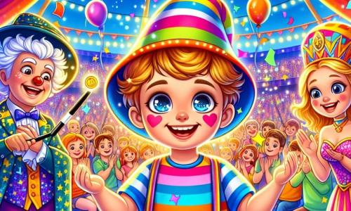 Un niño de 11 años, Lucas, se encuentra en el centro del escenario, con los ojos brillantes de emoción. Lleva una gorra de rayas coloridas y una camiseta de colores vivos, con una gran sonrisa que revela su asombro. Está haciendo desaparecer una moneda en su mano, rodeado de confeti colorido que vuela a su alrededor. A su derecha, el Gran Merlín, un hombre de unos 40 años, lleva un gran sombrero de mago y una capa brillante. Sonríe con benevolencia, sosteniendo una varita mágica en su mano, listo para ayudar a Lucas en su truco de magia. A su izquierda, una trapecista, una joven de 15 años, está suspendida en el aire, vestida con un traje brillante, aplaudiendo a Lucas con entusiasmo. La escena se desarrolla bajo la gran carpa del circo, llena de luces brillantes y decoraciones coloridas. Globos flotan sobre los espectadores asombrados, mientras que peluches y accesorios de circo están esparcidos a su alrededor. La situación principal muestra a Lucas, con el corazón latiendo de emoción, realizando su primer truco de magia en el escenario, rodeado de risas y aplausos, creando un momento de pura felicidad y magia para todos los espectadores presentes.