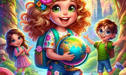 Al centro dell'immagine, una bambina di 7 anni, Sofia, con capelli ricci e dorati, esprime grande gioia ed eccitazione. Indossa una maglietta colorata con motivi floreali e uno zainetto blu. Sofia tiene in mano un mappamondo, con gli occhi brillanti di avventura. Alla sua destra, Luca, un ragazzo di 8 anni con occhiali rotondi e capelli castani disordinati, guarda la mappa con curiosità. Indossa una maglietta verde e pantaloni corti di jeans, pronto per esplorare. A sinistra, Martina, una bambina di 7 anni con lunghi capelli castani e un sorriso radioso, indica un albero misterioso, vestita con un abito rosa e sandali. Lo sfondo è una foresta incantata, piena di alberi maestosi, fiori colorati e un dolce ruscello. I raggi di sole filtrano tra i rami, creando un'atmosfera magica. La scena principale mostra i tre amici che scoprono una mappa del tesoro, circondati da un'aura di eccitazione e mistero, pronti per un'avventura verso la montagna misteriosa.