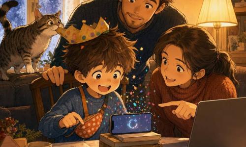 Sześcioletni chłopiec, szczęśliwy i skupiony, okrągła twarz z piegami, rozczochrane brązowe włosy, w kropkowanej sakiewce i lekko przekrzywionej papierowej koronie, siedzi na krześle i patrzy na telefon postawiony na książce, ręka gotowa nacisnąć „wyślij”; obok przygarbiona, uśmiechnięta matka (ok. 30 lat) z kucykiem w ciepłym swetrze wskazuje palcem na otwarty laptop na stole; za krzesłem stoi ojciec (ok. 35 lat), łagodny z kilkudniowym zarostem, trzyma małą miseczkę winogron i pochyla się, by go wesprzeć; pręgowany kot Fistaszek węszy papierową koronę na brzegu kanapy; przytulny, świąteczny salon z kolorowymi girlandami, miską mandarynek na parapecie, zaszronionymi zasłonami, miękką lampą, zapalonymi świecami i improwizowanym statywem z książki i pudełka; główna scena: chłopiec właśnie wysłał swoją wideo-życzenia, na ekranie wiruje ikona przesyłania, migoczą cyfrowe konfetti, cała rodzina uśmiecha się w miękkim, złotym świetle; styl graficzny: zaokrąglone, ekspresyjne kreski manga, ciepłe kolory, widoczne tekstury papieru i tkanin, przytłumione światło z złotymi refleksami.