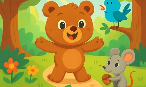 Um pequeno urso de pelúcia chamado Bolota, com pelagem marrom macia e olhos brilhantes, está no centro da cena, com os braços abertos e um grande sorriso alegre no rosto. À sua direita, um pequeno rato cinza com grandes orelhas, com uma expressão curiosa, observa Bolota enquanto mastiga uma avelã. À sua esquerda, um pássaro azul com penas brilhantes, empoleirado em um galho, canta alegremente, contribuindo para a atmosfera festiva. A cena acontece em uma floresta encantada, cheia de árvores de troncos grossos e flores coloridas que dançam ao vento, enquanto raios de sol filtram através da folhagem, criando manchas luminosas no chão. Bolota, animado pela aventura, está diante de três caminhos misteriosos: um caminho de pedras douradas cintilantes, outro ladeado por grandes folhas verdes e um último coberto de suaves nuvens de algodão.