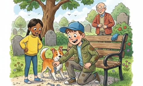 An 8-year-old boy, Max, smiling and focused with short chestnut hair and a blue cap, kneels to pick up two small shiny silver keys at the foot of a wooden bench; an ~8-year-old girl, Lily, with black braided hair and a bright yellow sweater, stands left of him with hands on hips, amazed; a medium reddish-white dog named Scout wags its tail and scratches where the keys are half-buried; an elderly man, Mr. Henry (about 70), watches with relief from near a flowerbed; the small peaceful cemetery in soft sunlight—pale gravel path, worn bench, gray tombstones, an old oak and grass dotted with wildflowers—captures the moment of discovery as the dog uncovers the keys and the children react with pride and wonder.