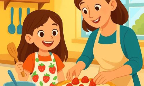 An 8-year-old girl named Lila, with long brown hair and sparkling joyful eyes, stands in a bright kitchen, a big smile on her face. She wears a colorful apron with strawberry patterns and holds a wooden spatula, ready to serve a dessert. Next to her is her mom, a woman in her 30s with brown hair and a warm smile, helping her prepare the Sunny Pie. She is leaning over the countertop, adding fresh strawberries to the dessert. The kitchen is spacious and welcoming, with sunny yellow walls, shelves filled with colorful jars of jam, and an open window letting in morning light. The main scene shows Lila and her mom preparing a special cake for Father's Day, with ingredients scattered around them, creating a joyful and close atmosphere. The bright red strawberries and the creamy mixture of the dessert add a splash of color to the whole scene.