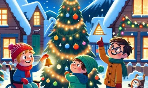 In a snowy village, three friends gather around a large tree decorated with twinkling lights. Ben, an 8-year-old boy with a red hat and rosy cheeks, smiles while holding a string of lights. Max, a 9-year-old in a wheelchair with brown hair and a blue coat, laughs joyfully as he hangs decorations. Sam, the smallest at 6, wearing glasses and a green hat, points to an old shiny bell he found in the snow. The village is charming, with wooden houses under snowy roofs, gently falling snowflakes, and colorful lights creating a festive atmosphere. The friends discover a magical bell that, when rung, attracts a sparkling little elf, adding a touch of magic to their joyful Christmas preparations.