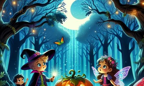An 11-year-old girl, Lily, stands at the center of the scene, dressed in a colorful witch costume with a purple cape and a large black hat. Her face is lit up with a delighted smile, her eyes sparkling with curiosity as she gazes at a magnificent glowing pumpkin in the clearing. Next to her, Max, an 11-year-old boy, is dressed as a vampire with a red cape and sharp teeth. He looks both anxious and excited, his wide eyes as he holds a flashlight illuminating the pumpkin. Sarah, a 10-year-old girl, is dressed as a fairy with shimmering wings and a pink dress. She stands a bit back, her face marked by a look of wonder, watching the twinkling lights around them. The scene takes place in an enchanted forest, where majestic trees with gnarled trunks rise around them, their leaves shining under the moonlight. Luminescent mushrooms surround the pumpkin, creating a magical and mysterious atmosphere, while shadows dance among the branches. Lily, Max, and Sarah discover the magical pumpkin, which glows brightly in the clearing, symbolizing their courage and friendship as they prepare to face a mysterious challenge.