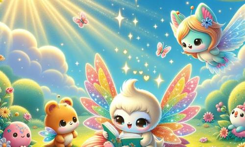 An illustration depicts a small, shiny creature with sparkling wings, expressing joy and determination. It has a round, colorful body with star patterns on its wings and is reading an open book while sitting on a giant flower. Next to it is a mother creature with soft, pastel wings, looking at her daughter with a proud smile, filled with love and tenderness. A father creature, with larger wings and bright colors, stands a bit back, showing a focused and engaged expression, ready to listen. The main setting is a sunny meadow filled with vibrant flowers under a clear blue sky dotted with fluffy clouds. Sunlight filters through the tree leaves, creating a warm and welcoming atmosphere. The main scene shows the little creature sharing a story with its family, gathering them around to discuss and listen, thus strengthening their family bonds. Additional graphic elements include colorful butterflies flying around, sparkling rays of light illuminating the scene, and small stars seemingly dancing around the main creature, symbolizing the magic of learning and family communication.