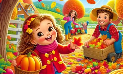 O fetiță de 4 ani, Miruna, cu părul creț și obraje roz, zâmbește fericită în timp ce adună frunze colorate de pe solul acoperit cu frunze galbene, portocalii și roșii. Poartă o jachetă roșie aprinsă și cizme de cauciuc galbene care strălucesc sub razele soarelui. La câțiva pași, mama ei, o femeie de aproximativ 30 de ani, cu părul lung și blond, culege mere roșii dintr-un pom, zâmbind mândră. Tata, un bărbat de aproximativ 35 de ani, cu barbă scurtă și pălărie de paie, strânge dovleci mari și portocalii lângă o căruță din lemn. Scena are loc pe o fermă pitorească, cu un cer albastru strălucitor și un peisaj de toamnă plin de copaci cu frunze colorate, iar în fundal se văd coline verzi. Miruna, entuziasmată, adună frunzele căzute, visând la aventuri de toamnă și la bucuria de a ajuta familia ei.